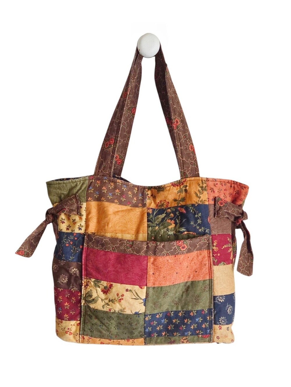 Vintage 90s patchwork purse handmade cotton tote shoulder bag floral brown gold